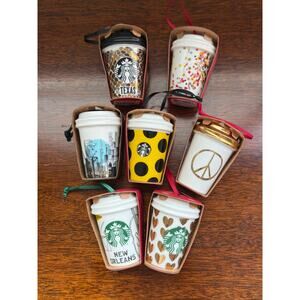 Lot of 7 Starbucks ornaments ceramic coffe cup cities Chicago Texas New Orleans